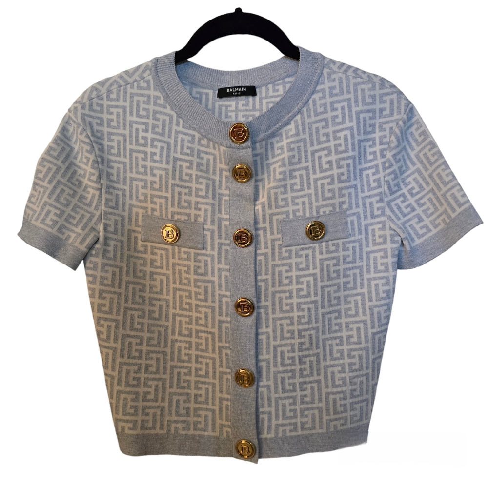 Balmain Monogram Jacquard Short Sleeve Cardigan, size 34 SM
